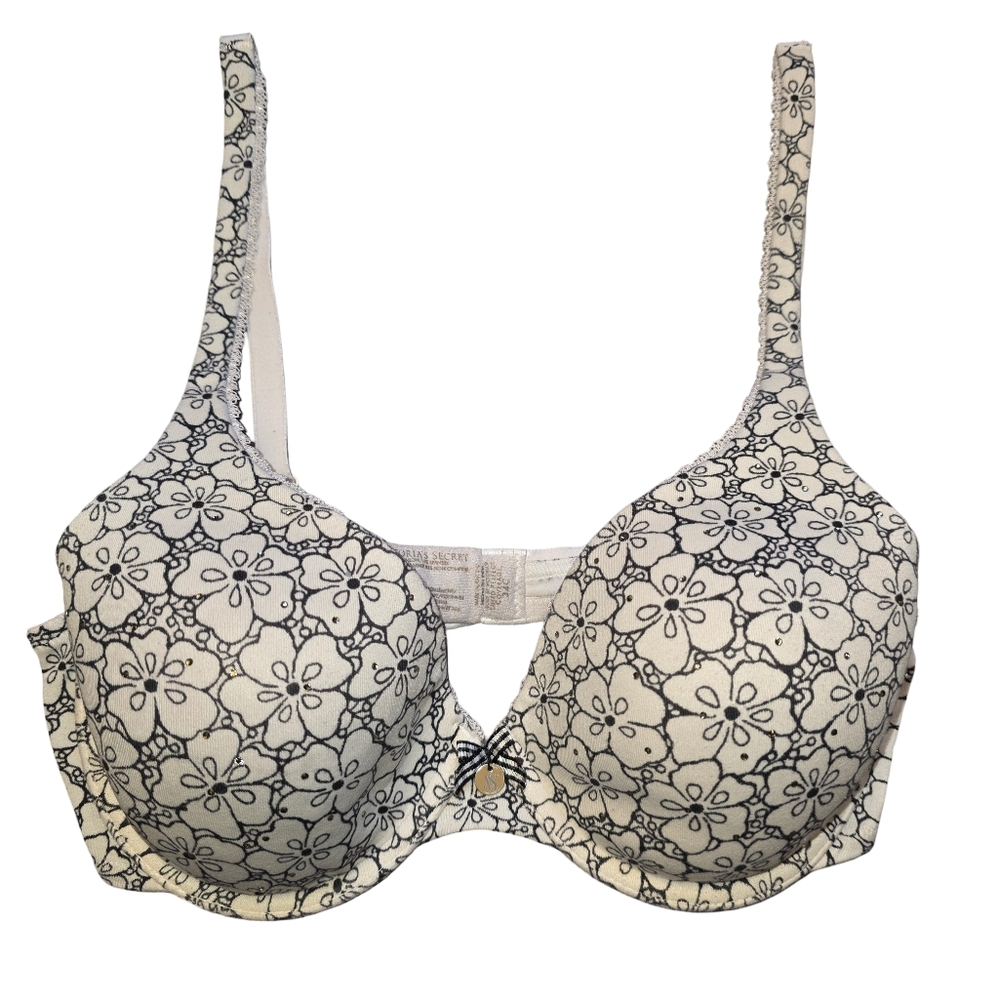 Victoria’s Secret Floral Black & Cream Body by Victoria Lined Bra 34C Rhinestone
